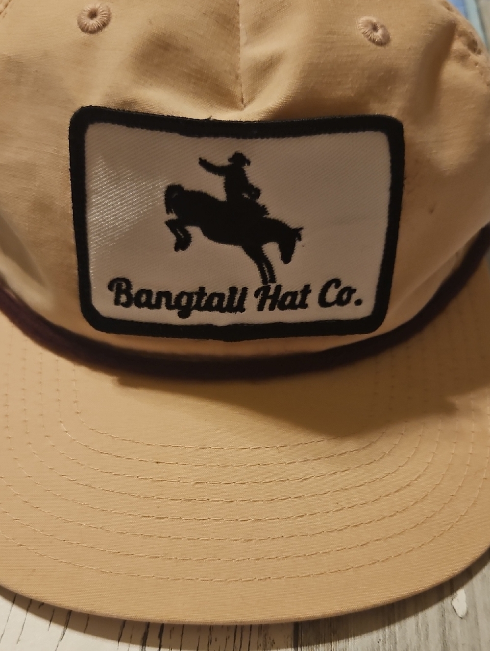 Bangtail Hat Co. -Black Bronco Riding Logo Patch - Tan with Brown Rope Trim